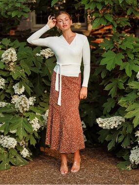 Ellie Makir Latte Dot Ruffle High Rise A-Line Maxi Skirt Preppy Brown XL